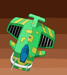 Emerald Chunker<br/>Spaceship! 🧑‍🚀. This is so bad it's painful to look at. I'm <i>so</i> sorry. I don't mind the chunky brick-like shape, nor the paint-job, they have their charms. But choosing to draw it straight-on to the viewer hides much of the interesting geometry that might otherwise be on display. And those bars on the air intakes, well, they just dont work. Maybe they are too spaced apart, or too unevenly drawn, or have too much of a jarring contrast with the style of the rest of the drawing? Or are just too badly drawn. Whatever it is, they don't work. I like the yellow patches though. That's something I ought to try doing more of. Oh, and originally the sky was blue, but I accidentally flipped it to a brown color when messing with layer blending effects, and it looks <i>much</i> better this way.<br/>IbisPaintX on an 8" Android tab & S-pen, 2 layers. 2023 Mar